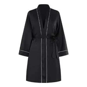 Robe de nuit noire en Satin et soie pour femmes, ensemble de peignoir respirant et doux avec col en v