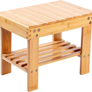 Bamboo <b>Bathroom</b> <b>Stool</b> Square Two Tier Storage Shelf Durable Freestanding For Home Entry And Bath Use - Product Image 1
