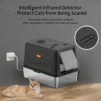 Bac à litière pour chat en acier inoxydable à parois hautes, design fermé avec pédale anti-éclaboussures et ventilateur désodorisant
