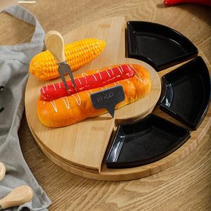 Tabla de queso redonda de bambú con platos de cerámica y juego de cuchillos, bandeja portátil para servir bocadillos, frutas y pizza en fiestas. - Product Image 2