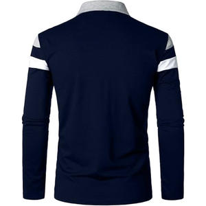 Chemise décontractée pour homme à manches longues en maille respirante anti-plis, style color block rayé avec fermeture éclair, bleu marine, gris, blanc - Product Image 4