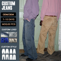 YUCE Venta al por mayor de jeans personalizados para hombre, pantalones vaqueros holgados de pierna ancha con doble rodilla, estilo carpintero, jeans vintage azules con bolsillos cargo