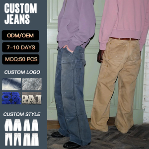 Jeans da <span class=keywords><strong>Uomo</strong></span> Personalizzati all'Ingrosso, Gamba Larga, Doppia Ginocchiera, Stile Carpenter, Blu Vintage con Tasche <span class=keywords><strong>Cargo</strong></span> - Product Image 3
