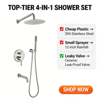 Système de douche encastré mural 3 fonctions avec pommeau de pluie rond, douchette et bec de baignoire, finition nickel brossé, ensemble de douche pour salle de bain, vente en gros