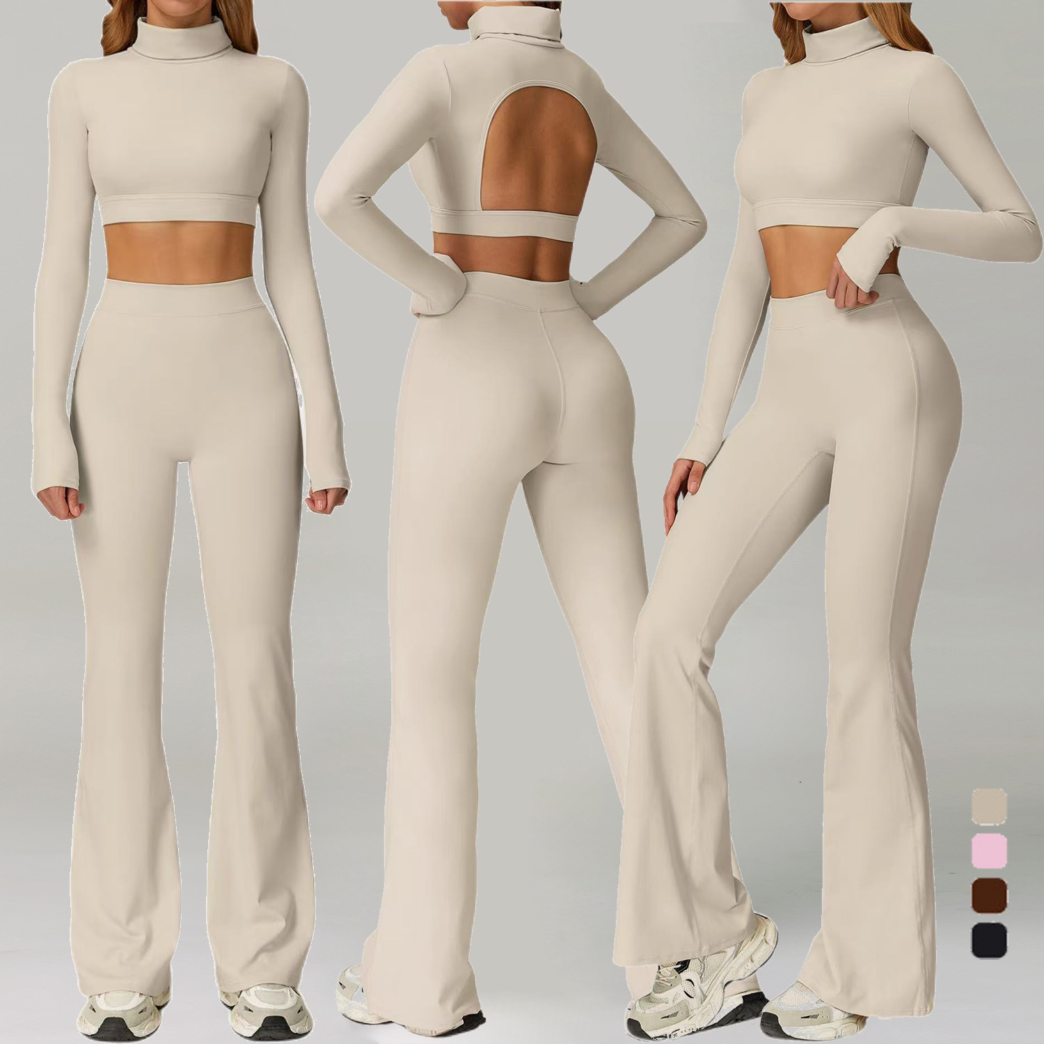 Hot Sale Flared Pants Yoga Women Vest Clothes Nude Feeling Long Sleeve Activewear Gym Fitness Sets Hollow Back Crop Top
