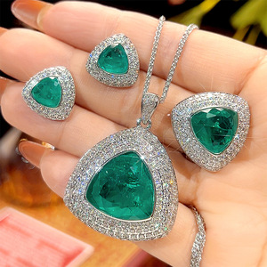 High Quality Eco-friendly Copper Triangle Cut 17*17mm & 12*12mm Green Zircon Necklace <b>Earrings</b> Ring Set Geometric Jewelry Set - Product Image 3
