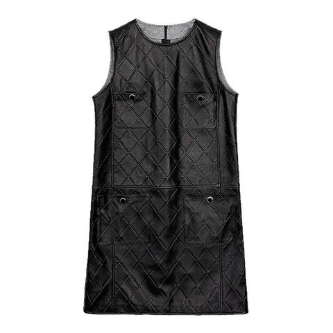 513 High Quality Leather Dresses Diamond Check Embossing Genuine Sheepskin Leather Vest Dress for Women Ladies