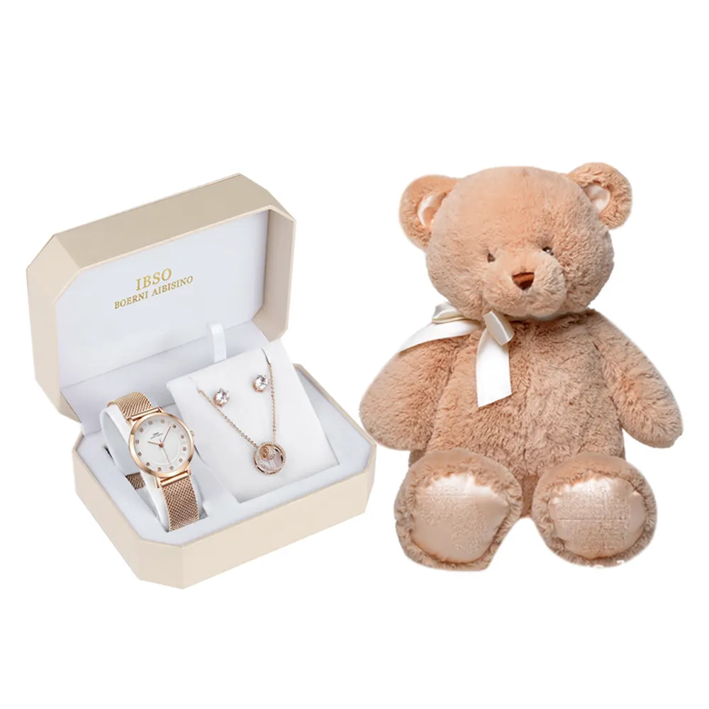 Cadeau de poupée en peluche chère pour anniversaire Ensemble de montre-bracelet et bracelet en cristal rose doré de qualité supérieure Cadeau pour femme