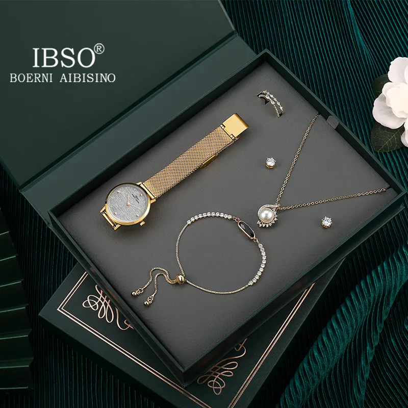 IBSO Watch Set For Women Fashion Jewelry Necklace Sets Watches Simple Stainless Steel Mesh Belt Quartz Watch Valentine's Gift