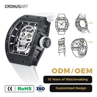 Montre mécanique pour homme CRONUSART en fibre de carbone, cadran squelette transparent, boîtier tonneau, bracelet en caoutchouc 20 mm, étanche 5 ATM, réserve de marche
