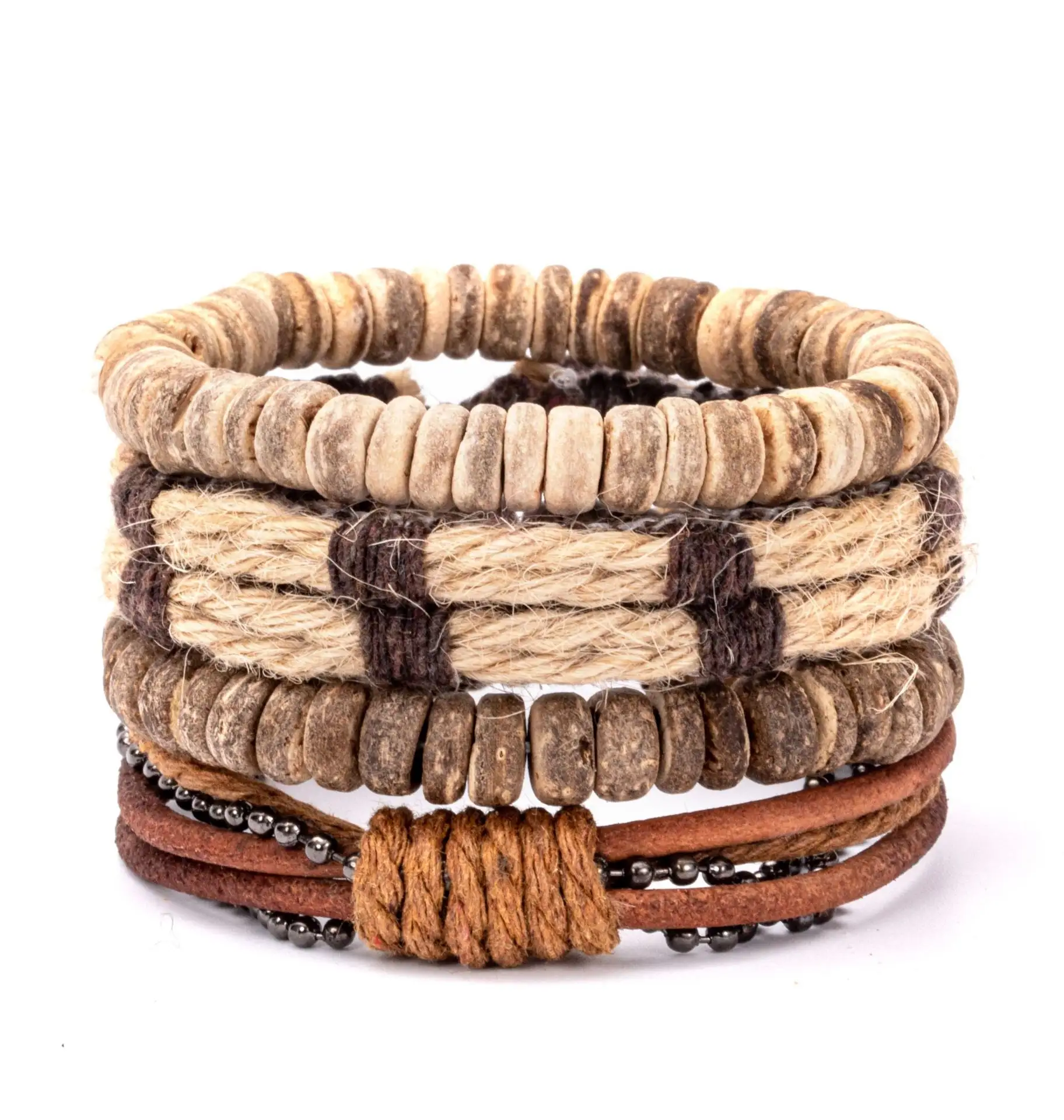 Custom Vintage DIY Braided Cowhide Coconut Shell Men's Hemp Rope Leather Bracelet