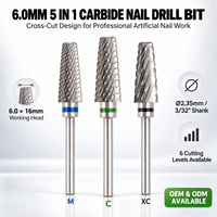 Fraise à ongles en carbure de tungstène 5 en 1 de 6,0 mm à coupe croisée pour le retrait de gel et d'acrylique, lime électrique professionnelle, marque privée OEM