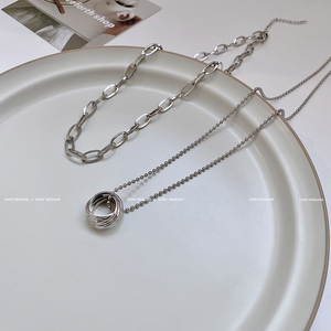 유행 더블 레이어 실버 체인 목걸이 보석 남성과 여성 반지 펜던트 목걸이 - Product Image 3