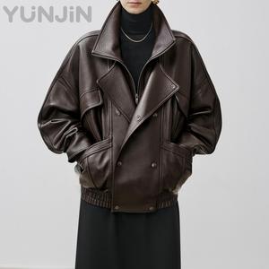 Designer Damen Echtleder-Jacke Vintage Winddichte Bomberjacke Echtes Schafsleder Vintage Ledermantel Übergroße Herbstkleidung - Product Image 1