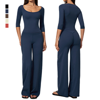 Ensemble de yoga pour femme, T-shirt de sport à manches courtes coupe ajustée, Pantalon de fitness à jambes larges, élastique, effet ventre plat et froncé aux fesses, doux, pour Pilates et entraînement