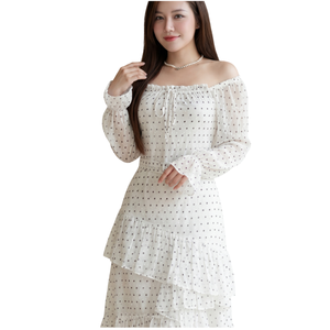 Robe longue élégante noire à pois pour femme, col carré, manches longues, ceinture, volants asymétriques en chiffon, style OEM - Product Image 1