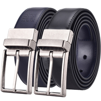 Sabuk Kulit Pria Biru dan Hitam, Sabuk Kulit Asli Bolak-Balik untuk Pria dengan Gesper Putar