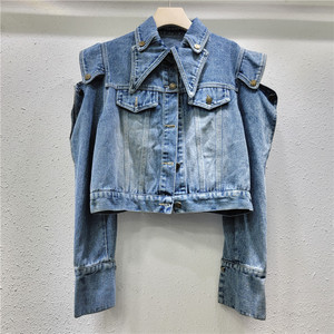 Z9997-Fashionable 2025 tendance Jean veste courte évider à manches longues Denim veste femmes - Product Image 1