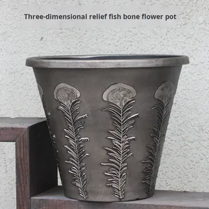 Queen Series Vintage Metal Color Potted Embossed <strong>Fish</strong> Bone Feather Flower <strong>Pot</strong> Distressed Plastic Thickened Floor-Standing - Product Image 2