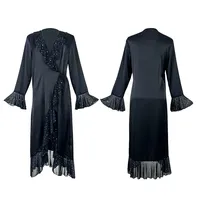 Robe de nuit élégante à col en V et manches longues, sexy, en satin, pour femme, avec ourlet à volants, très vendue