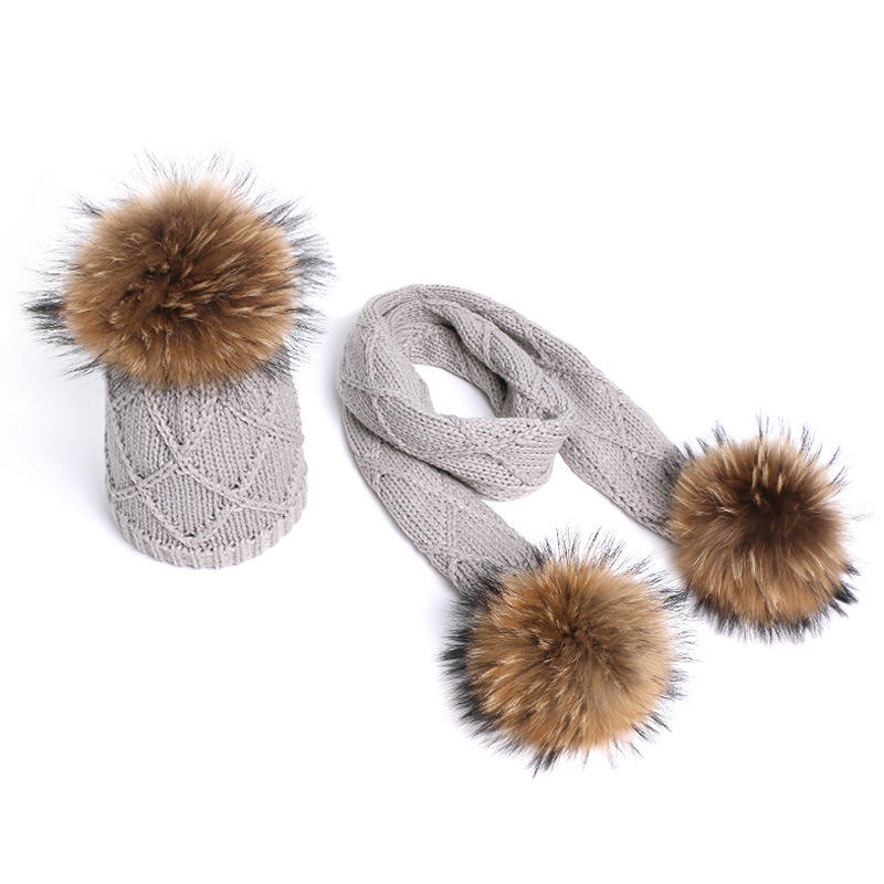 Новейший дизайн, вязаная зимняя детская теплая мягкая шапка и шарф с меховым помпоном