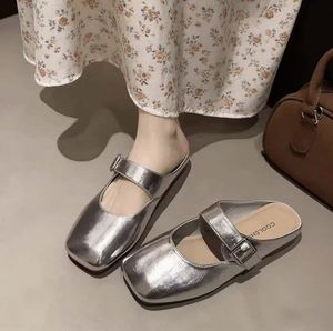Mules pour femmes en cuir d'agneau véritable vintage français, bout fermé, plates, confortables, pour l'extérieur - Product Image 1