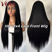 Wig sintetis Premium Futura Fibra HD13*4 Lace Front Free Part 320g Hitam Panjang Lurus Realistis Matte Tahan Panas Grosir