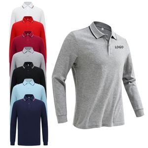 Chemise à manches longues unisexe en coton 100% imprimée sur mesure, col côtelé rayé, évacuation de l'humidité, polo de golf pour hommes - Product Image 1