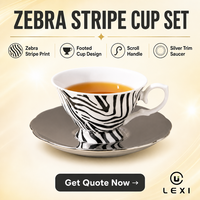 Ensemble tasse et soucoupe en porcelaine à rayures zébrées, soucoupe plaquée argent, poignée à motif enroulé, 200 ml, logo personnalisé, vente en gros, coffret cadeau