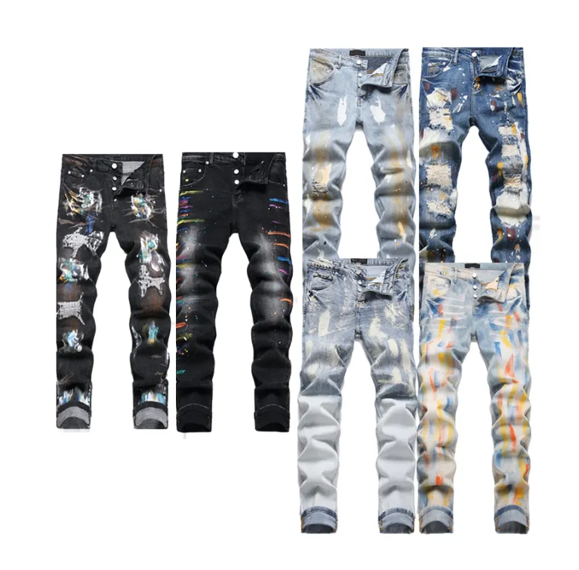 Individuell zerrissene gestapelte Jeans Herren Denim lila Designermarke Mode Skinny Jeans Herren