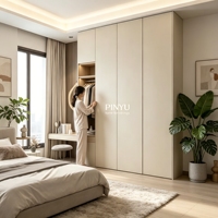 Armoire intégrée murale en bois composite couleur crème avec coiffeuse intégrée et éclairage LED pour chambre à coucher