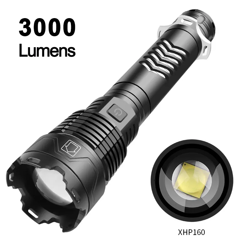 3000 yüksek lümen XHP160 güçlü uzun mesafe şarj edilebilir zumlanabilir taktik meşaleler ışık alüminyum alaşımlı el feneri