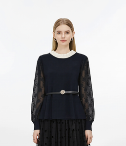 Atasan Rajut Wanita Kerah Renda Putih Kontras, Sweater Lengan Panjang Berbahan Mesh Motif Bunga Dengan Sabuk Berhias Berlian Imitasi Kamelia, Blus Rajut Elegan Untuk Wanita - Product Image 1