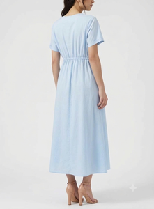 Light Blue Crew Neck Modern Knee-Length Streetwear Breathable <b>Dress</b> Drawstring Elastic Waist Short Sleeve Casual Summer Woven - Product Image 2