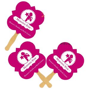 Custom Printing and Customized Shape Paper Hand Held Fan With Wood Handle for Events
