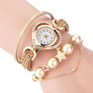 Hot Selling Stylish Gift Ladies Big Pearl Bead Heart Shape Wrist Watch Diamond Digital Bracelet Watch Quartz Watches