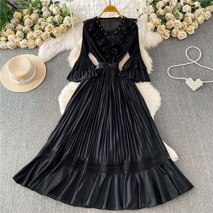 Women's Denim Ruffle V Neck Pleated Maxi Dress <b>Spaghetti</b> <b>Strap</b> Belted Waist Lace Trim A-Line Skirt Casual Party Eco-Friendly - Product Image 2