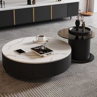 Table basse moderne ronde en bois avec plateau en marbre et tiroir, fonction de rangement intégrée, en pierre frittée
