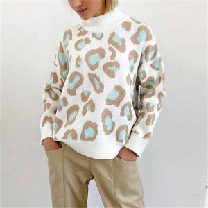 Maglione con stile Casual da donna lavorato a <span class=keywords><strong>maglia</strong></span> caldo Vintage di base bianco 2025 invernale con stampa leopardata oversize - Product Image 1