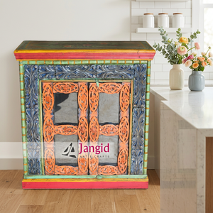 Armoire de rangement vintage en bois massif peinte à la main avec porte sculptée, meuble artisanal pour cuisine et salon - Product Image 2