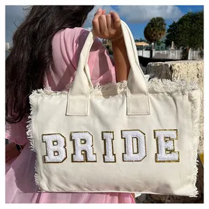 थोक सफेद खाली बाजार कंधे की थैली महिलाओं को पुनः प्रयोज्य खरीदारी बैग मोनोग्राम फ्रिंज कैनवास टोटे बैग बैग