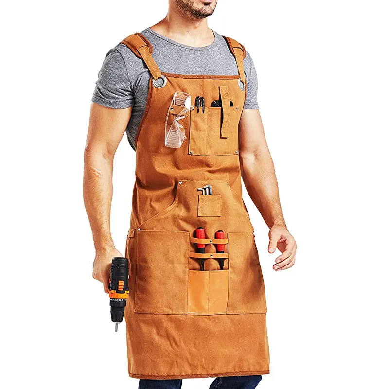 Personalizado durável repelente de água carpinteiro encerado Aventais com ferramentas bolsos Mens Brown Canvas Long Bib Jardineiros Avental de cozinha