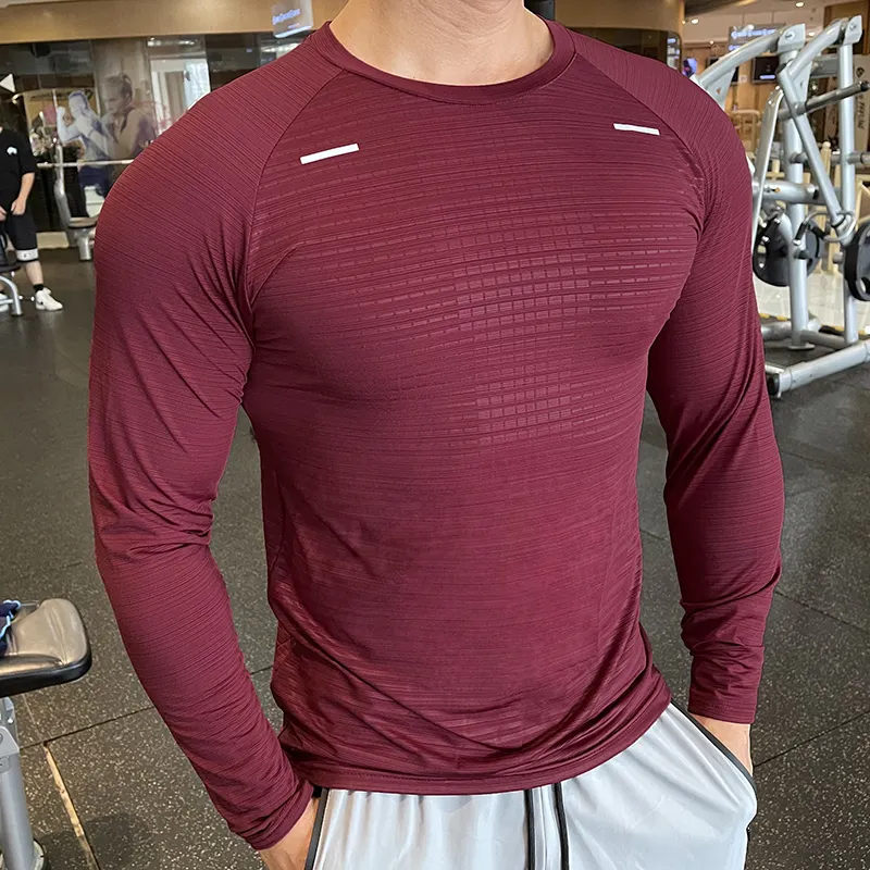 High quality men polyester long sleeve shirts athletic quick dry fitness gym t-shirt with reflective stripe