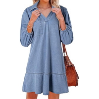 Robe en jean pour femme, multicolore, denim délavé, col en V, manches bouffantes, ourlet à volants, robe en jean décontractée pour femme