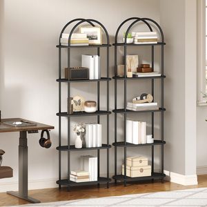 HOOBRO 5-Tier <b>Open</b> Industrial Arched Wooden <b>Bookshelf</b> Metal Frame Multifunctional Non-Folding Tall Storage Rack for Living Room - Product Image 2