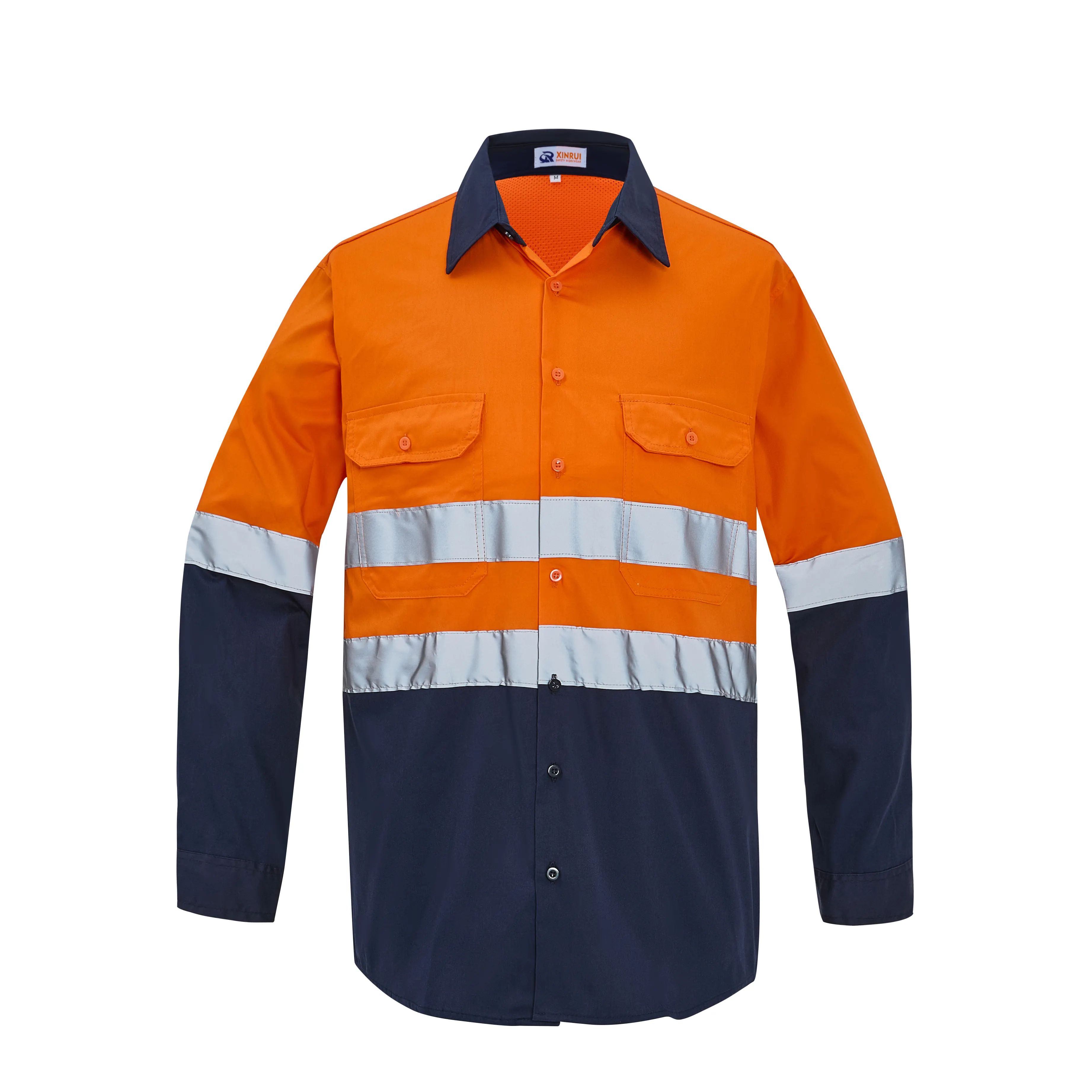 100% pamuk yansıtıcı güvenlik hafif yüksek Viz bant turuncu iki ön cepler ile kadın gömlek için iş elbiseleri