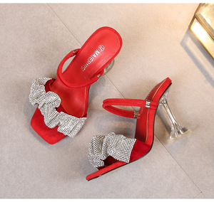 Sandales pour femmes, deux modes de portage, 34-46, talon à paillettes et strass, mules d'été à bout carré - Product Image 4