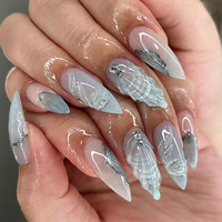 Faux ongles à presser en PMMA, motif léopard français et fleur 3D, couleur nude, faits main, réutilisables, forme amande, pour manucure longue