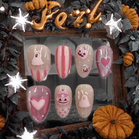 Ongles à presser en ABS rose fantôme tendance pour Halloween, couvrance totale, avec colle, motifs mignons cœur, citrouille, carreaux, style français, vente en gros