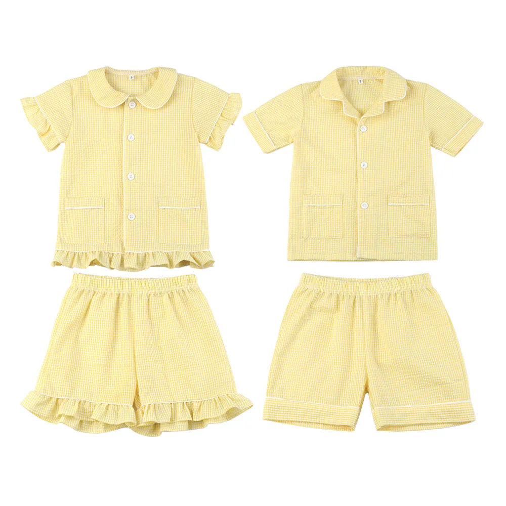 2023 여름 잠옷 seersucker 레몬 격자 무늬 부활절 잠옷 소년과 소녀 형제 두 조각 짧은 세트